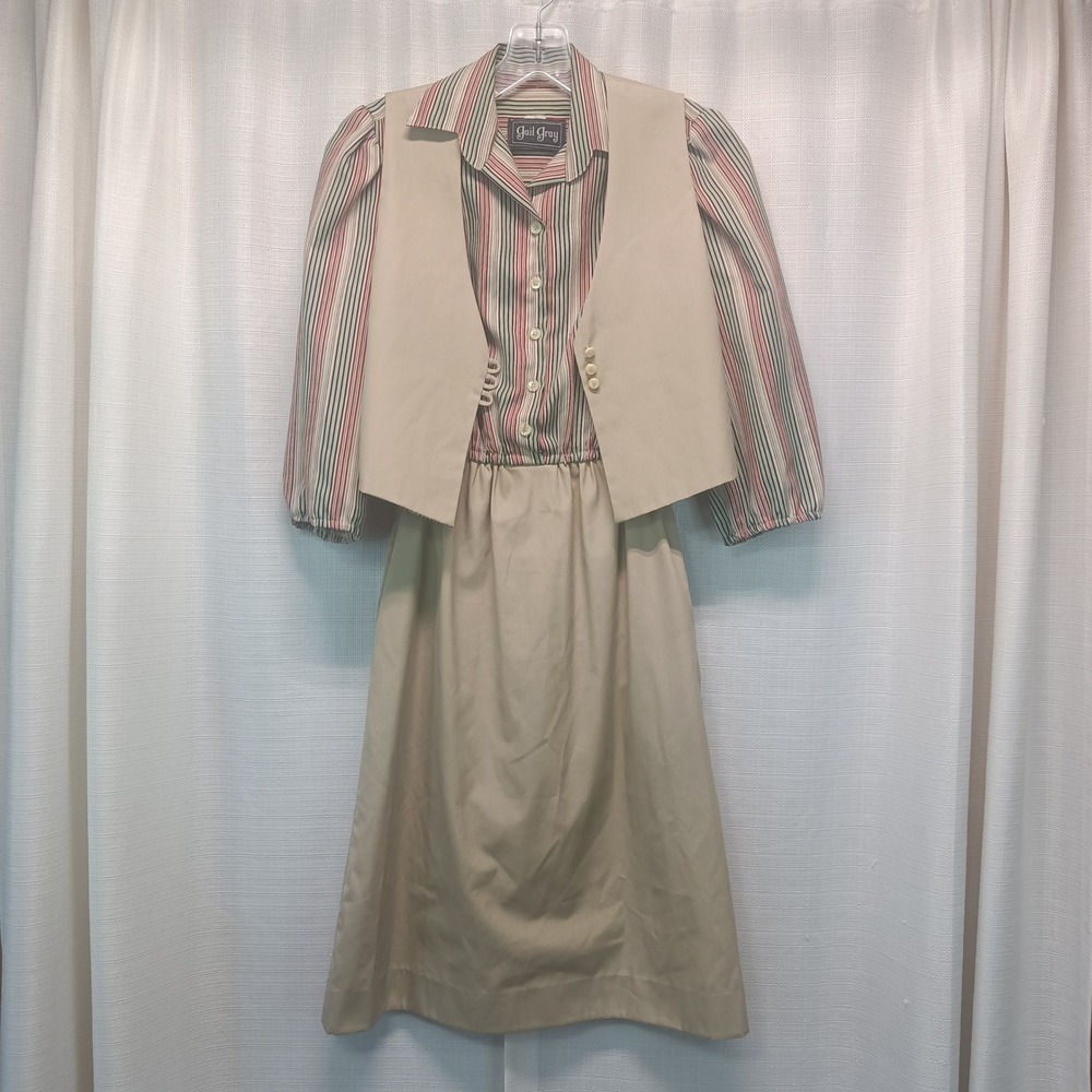 Vintage Gail Gray Striped Dress Vest Set Tan Red Green ILGWU Made in USA 70s 80s